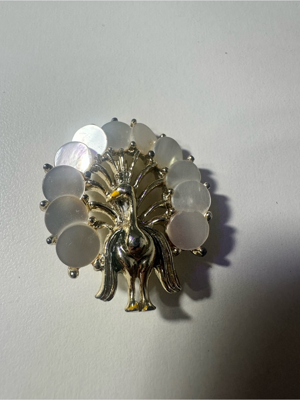 Silver Peacock Brooch with Mother-of-Pearl Accents